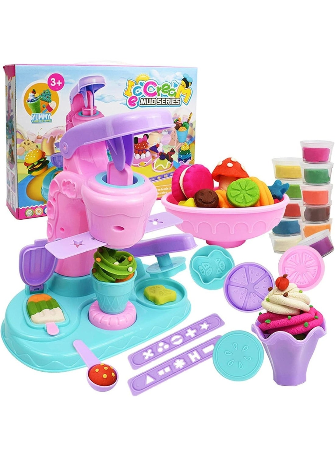 Playdough Sets for Kids, 26 PCS Ice Cream Maker Machine Color Dough Set with 12 Cans Dough, Kids Arts Crafts